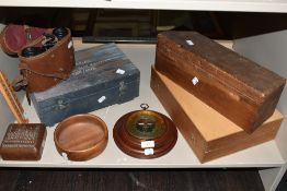 A selection of wooden cases and treen carved trinket box