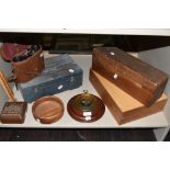 A selection of wooden cases and treen carved trinket box