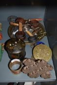 A selection of curios including Japan lacquer box, wood cut stamp block and cork screws