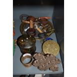 A selection of curios including Japan lacquer box, wood cut stamp block and cork screws