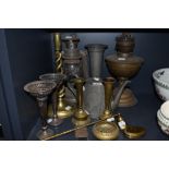 A selection of metal and plated wares including pewter Hutton tall stem vase and pair of brass