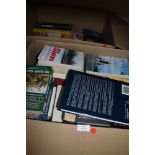 Two boxes of mixed books including novels and more.