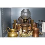 A selection of brass and copper wares including fish steamer hand worked arts and crafts style