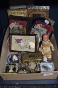 A selection of small collectables and curios including compact souvineers and picture frames