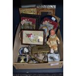 A selection of small collectables and curios including compact souvineers and picture frames