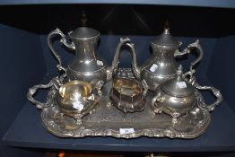 A selection of plated wares including moulded tray and tea set