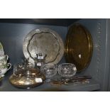 A selection of plated metal wares and similar brass items including circular gallery tray and Indian