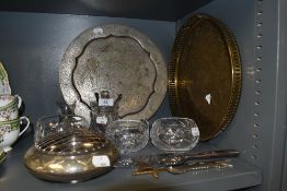 A selection of plated metal wares and similar brass items including circular gallery tray and Indian