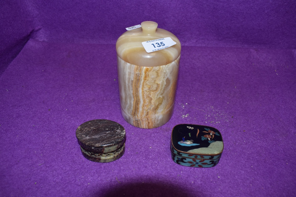 A small cloisonne case with fantasy landscape and two agate cut containers