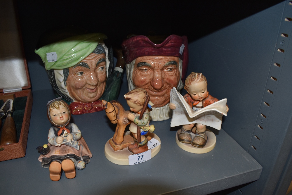 A selection of figures and figurines by Hummel Goebel and two Royal Doulton character jugs