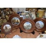 A selection of four antique pratt ware pot lids framed depicting continental scenes