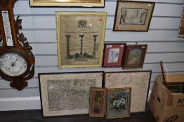 A selection of prints and pictures including Masonic certificate