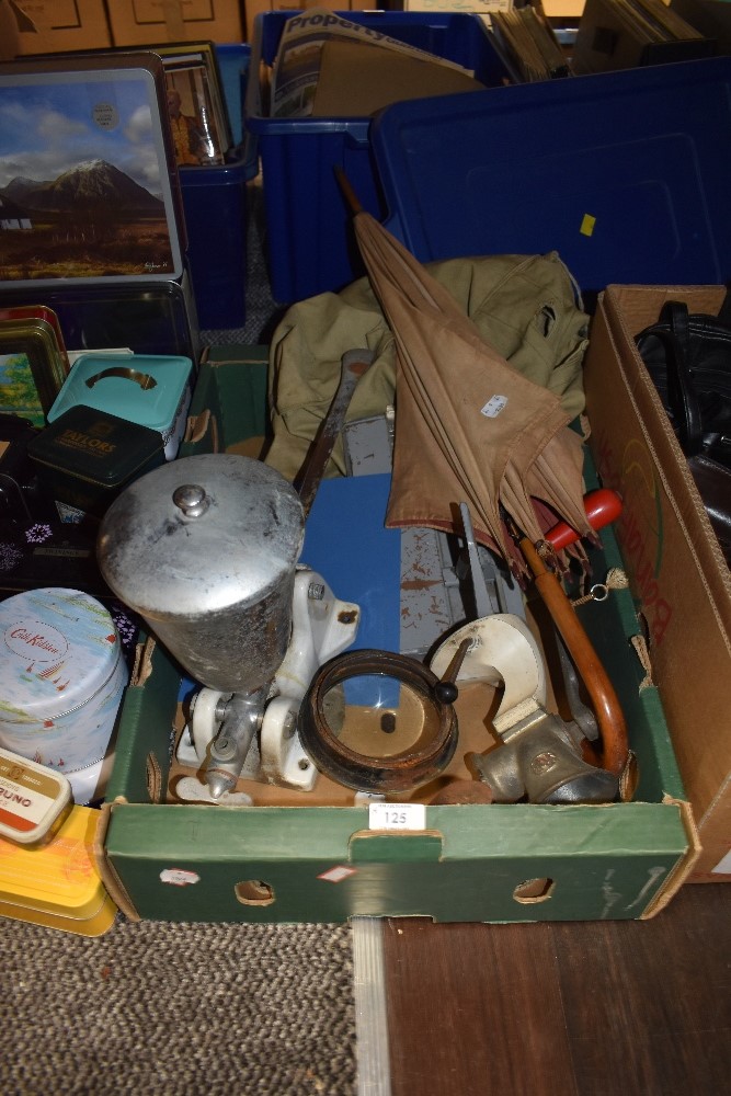 A mixed box of items, including millitary or similar canvas bag, mincer, vintage address stamp,