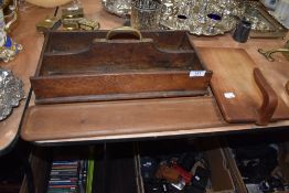 An early 20th century segmented oak carry tray and similar treen wood items