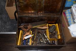 A selection of wood working and similar tools in metal chest including Record multi plane rebator