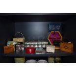 A selection of cases and jewellery boxes including fold out book design with embellished metal case