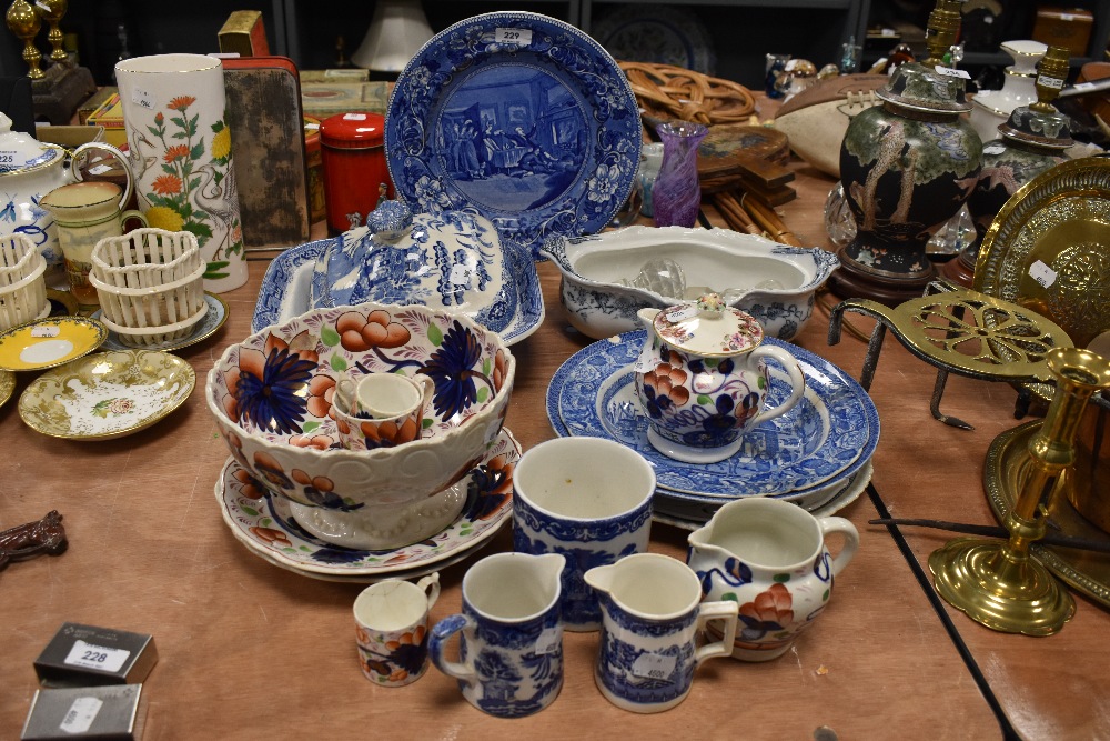 A selection of blue and white wear ceramics and similar lustre items including Syntax plate and