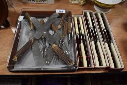 A selection of horn handled and similar cased cutlery including Green and son Preston