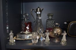 A selection of plated wares and clear cut crystal glass wares including claret jug and Royal Doulton