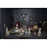 A selection of plated wares and clear cut crystal glass wares including claret jug and Royal Doulton