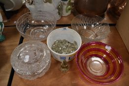 A selection of clear cut and colour glass wares including lustre droplets
