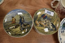 Two antique pratt ware pots with hunting related themes the Game bag and the Sportsman