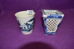 An antique Dutch delft beaker and similar decorated porcelain both pieces AF