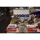 A selection of metal and plated wares including Cavalier goblet set and cased cutlery