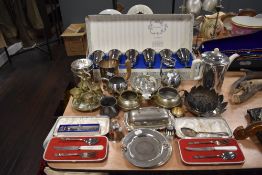 A selection of metal and plated wares including Cavalier goblet set and cased cutlery