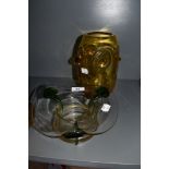 Two pieces of art glass a yellow knopped White Friars style mid century vase and green stripped