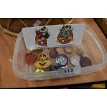 A selection of enamel and similar pin badges including religious and Disney interest