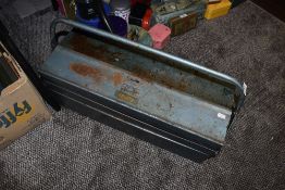 A vintage metal cantilever tool box.