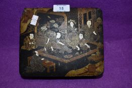 An antique Japan Lacquer jewellery case having unusual Geisha and musicians scene with age related