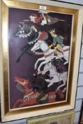 A mid century fabric collage of medieval knights charging