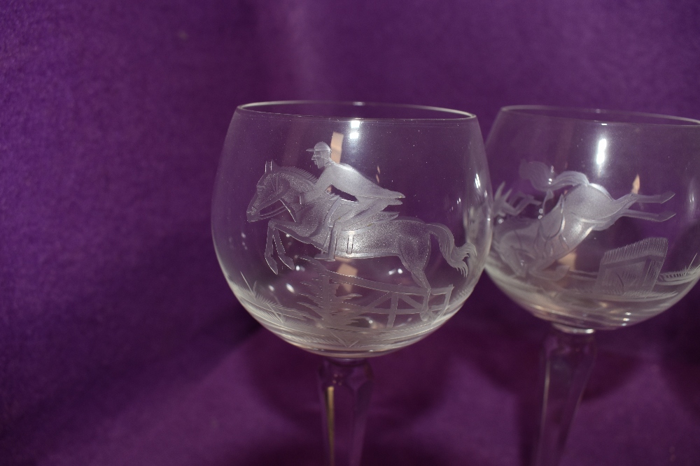 A set of six wine glasses having individual etched scenes of horse riding or racing - Image 2 of 2