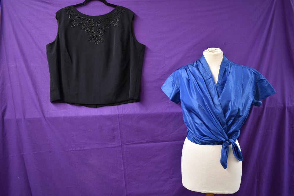 A 1960s Rite-fit by Linda Leigh blouse in black with beaded accents and an electric blue 1950s