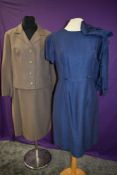 Two late 1950s/60s ladies suits, one in blue slub fabric comprising of dress and jacket by Kitty