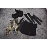 A mixed vintage lot containing scarves,sequinned sleeves,gloves and an antique lace shawl,