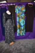 Five 1960s and 70s dresses including vibrant medium weight cotton maxi dress, mixed sizes and