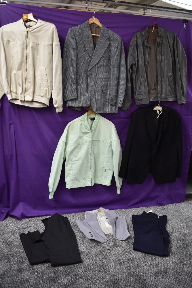 A varied lot of mens clothing including sports jackets,blazers,waist coats and trousers, some with