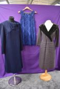 Three 1950s to 60s dresses,including taupe wool and velvet dress in a larger size with horizontal