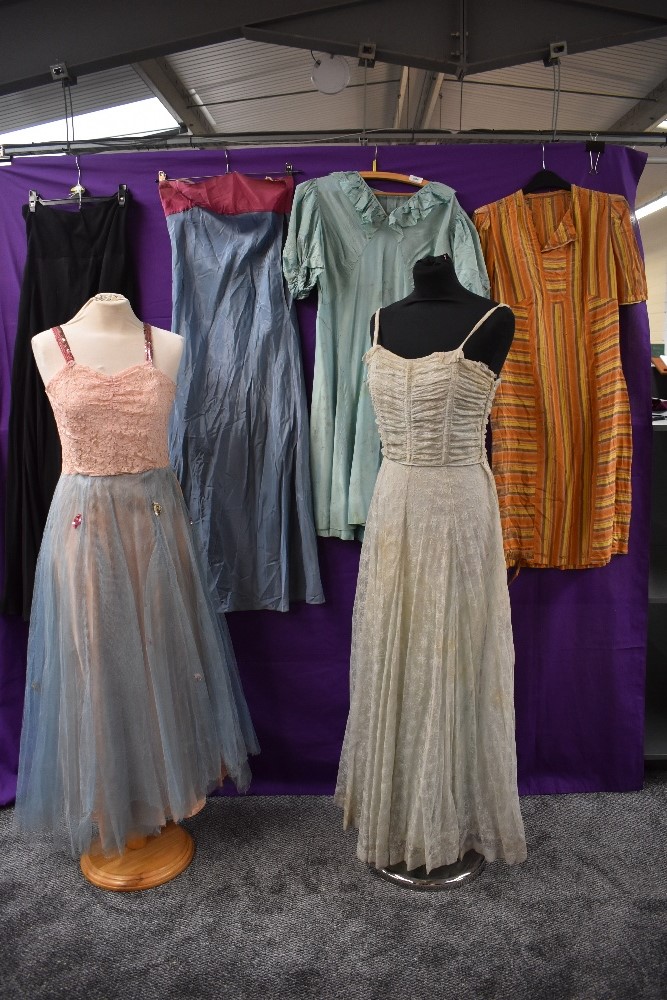 Two 1940s lace and tulle gowns, a Marshall and Snelgrove under dress, two wounded 1930s dresses