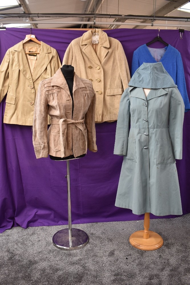 Five ladies vintage coats and jackets including 1970s suede belted coat in taupe.