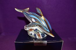 A Royal Crown Derby Paperweight Striped Dolphin, boxed with Gold Stopper