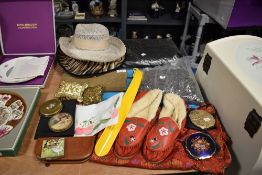 A mixed lot of vintage items including compacts, glove and handkerchief case,shawl, buttons.