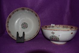 Two matching antique Chinese export hard paste punch or similar large bowls 26cm across both