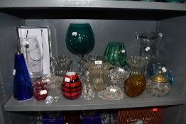 A selection of clear cut crystal and art glass including named pieces and coloured