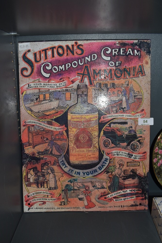 A reproduction sign for Suttons Compound cream of amonia