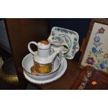 A selection of kitchen wares including Midwinter Stonehenge Autumn charger and teapot