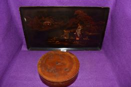 A Japan lacquer serving tray and similar lidded container
